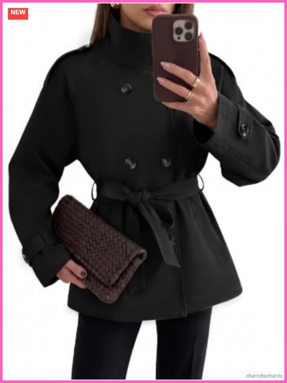Women's Short Trench Coat Double Breasted Stand Collar Water Repellent Twill